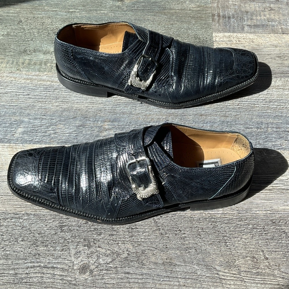 David Eden YUMA Mens Size 11 Genuine Crocodile Teju Lizard Dress Shoe Black Monk - Picture 3 of 16